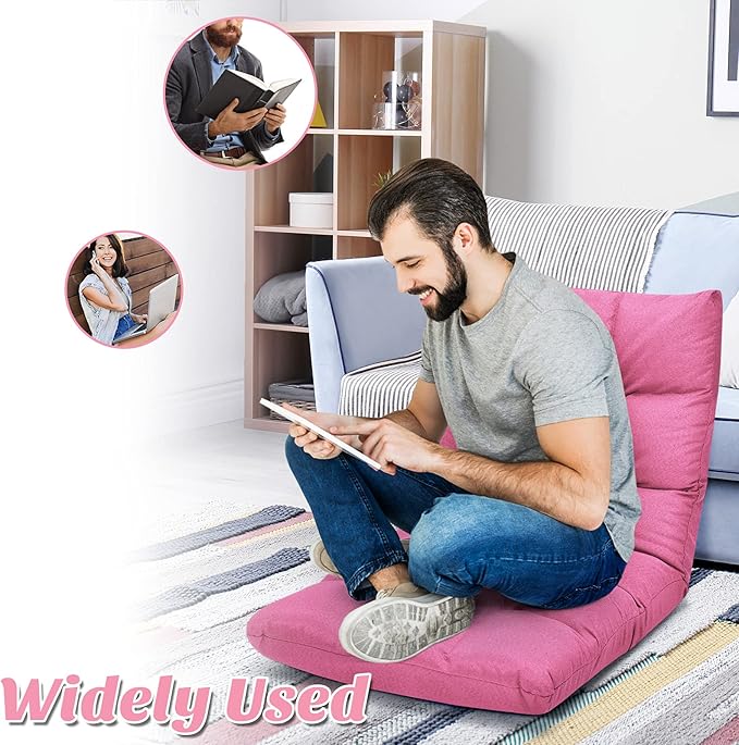 Giantex Adjustable Floor Gaming Sofa Chair 14-Position Cushioned Folding Lazy Recliner High Resilience Sponge, Breathable Cotton & Linen Fabric Sleeper Bed Couch Recliner with Removable Cover (Pink)