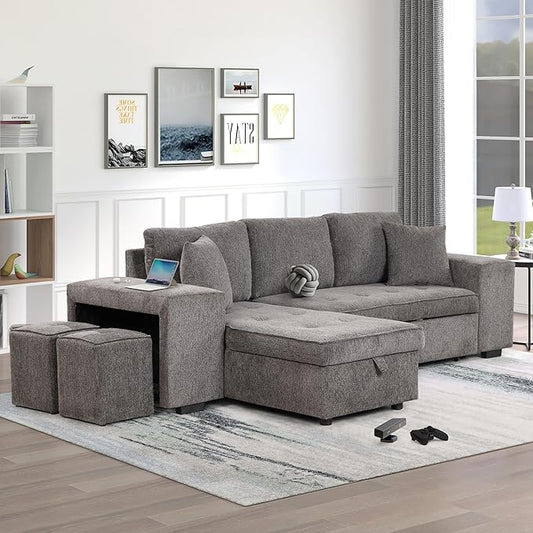 104.5 inch Reversible Sleeper Sectional Sofa with Pull Out Bed , Convertible L Shaped Sectional Couch with Storage Chaise and 2 Stools , Tufted Upholstered Pullout Sofa Bed for Living Room Apartment