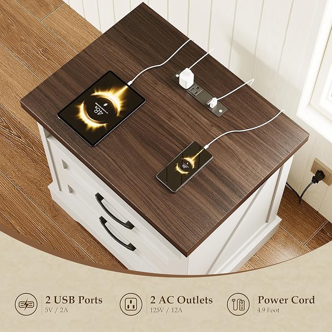 AODK 24 Inch Farmhouse Nightstand Set of 2, Bedside Tables with Charging Station, Wood End Tables with 2 Drawers and Open Shelf, Rustic Bed Side Table for Bedroom & Living Room, White & Dark Walnut - Image 3