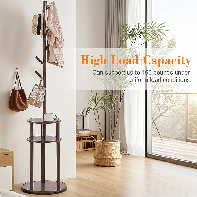 VECELO Coat Rack Freestanding, Entryway Hanger Stand, Umbrella Holder, Hall Tree With Hooks, Floor Standing Metal Tree Stand,Walnut - Image 10