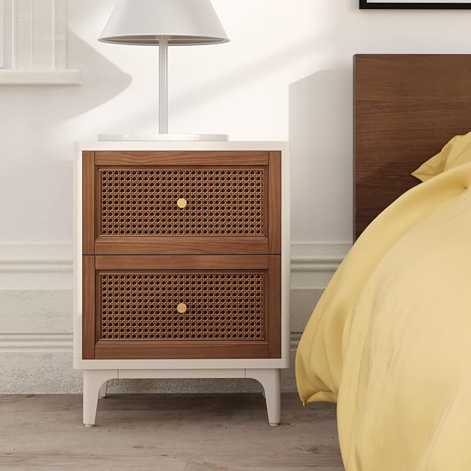 COZAYH Set of 2 Fully-Assembled 2-Drawer Woven Cane Front Accent Nightstand with Brass Knobs, Distressed White - Image 2