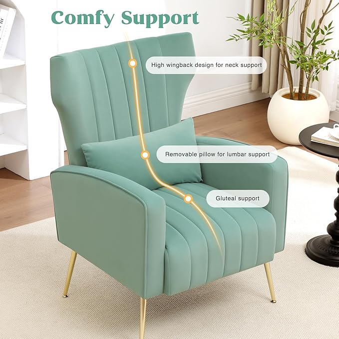 Modern Accent Chair Upholstered Living Room Chair,High Back Arm Chair with Metal Legs Lumbar Reading Chair for Bedroom, Apartment, Small Spaces Lake Green