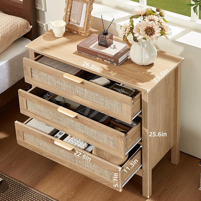 LEYAOYAO 26.8" Wide Rattan Nightstand, Large Boho 3 Drawer Night Stand, Natural Wood Bedside Table with Storage, Tall Bed Side End Tables, Chest of Drawers Dressers for Bedroom, Living Room, Hallway - Image 2