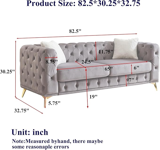 KEIKI 83" Luxury Oversized Velvet Chesterfield Sofa with 2 Pillows, Mid-Century Style 3-Seater Tufted Buttons Couch with High-Density Foam Cushions, Easy Assembly, for Apartment, Living Room, Beige