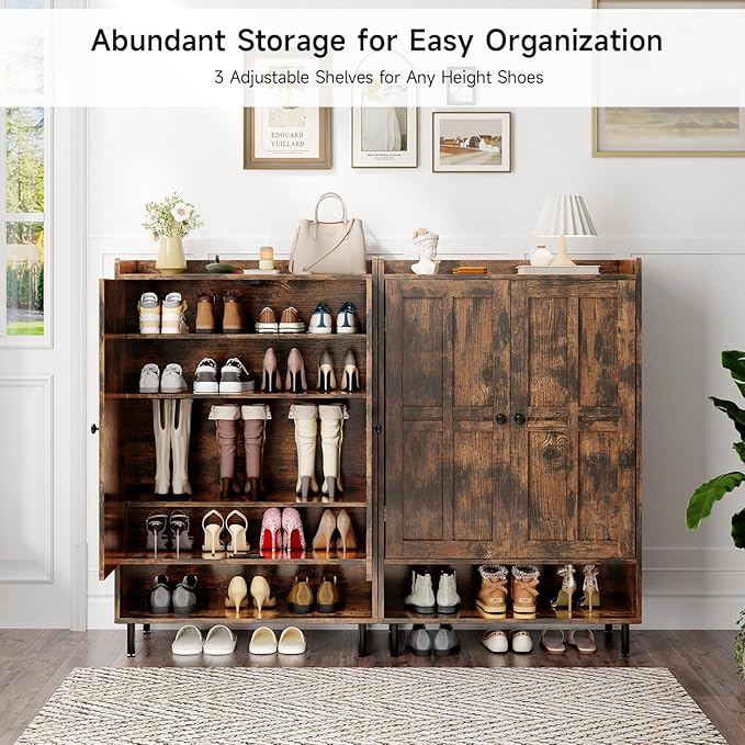 ONBRILL Shoe Storage Cabinet with Cross Molding Doors, 6-Tier Shoe Cabinet with 3 Adjustable Shelves and Metal Legs, 45 Inch Tall Shoes Rack Organizer for Entryway, Front Door, Rustic Brown - Image 3