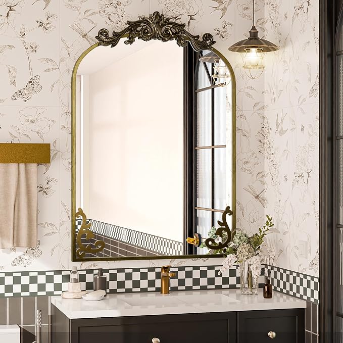 Koonmi Vintage Mirror, 26x38 Wall Mounted Vanity Mirror, Tempered Glass, Detachable Flower Head, Bronze Antique Decorative Mirror for Bathroom Entryway Fireplace Living Room Hallway - Image 5