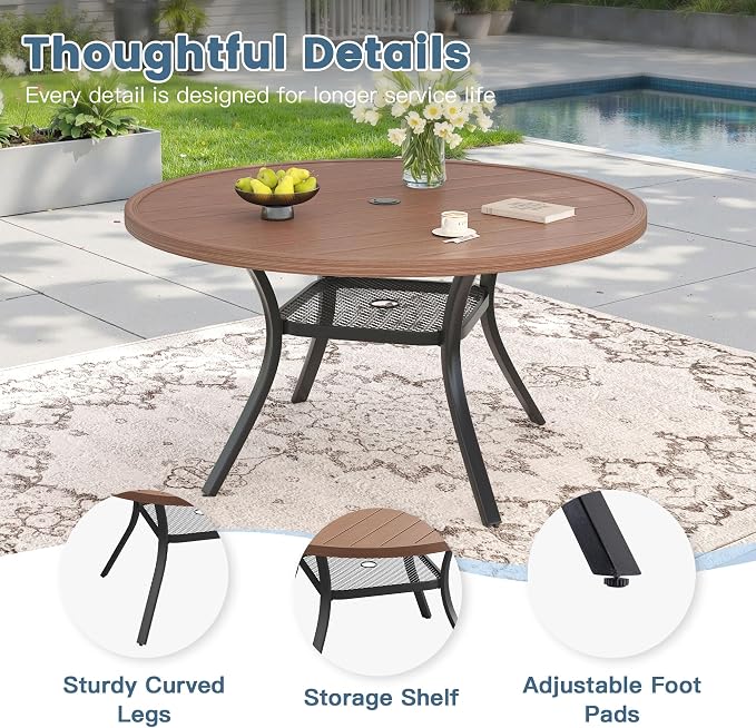 DIFY Outdoor Dining Set for 6, Patio Dining Furniture Set Includes 47.2" Walnut Round Table with Adjustable Umbrella Hole and 6 Brown Stackable Metal Chairs for Poolside, Garden, Backyard - Image 4