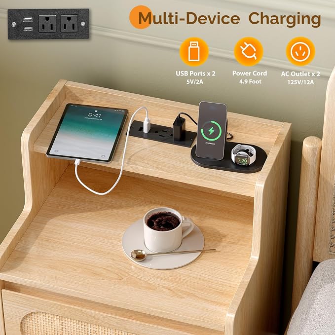 VINGLI Night Stand Set of 2, Rattan Nightstands with Charging Station, 17.72" W Boho Wood Nightstand for Bedroom, Bed Side Table with Charging Station, Wooden Night Stands Oak, Real Rattan End Table - Image 6