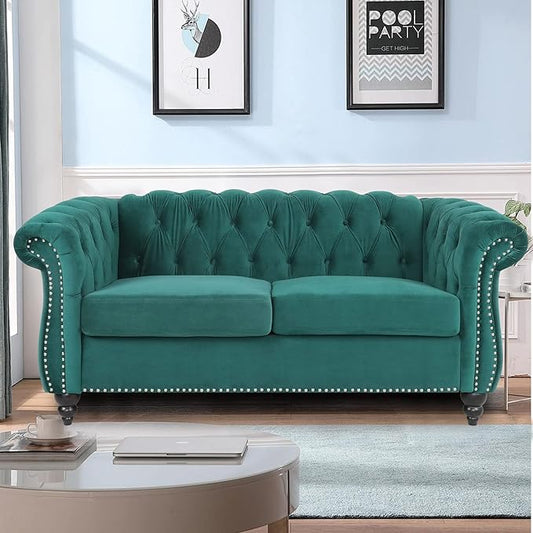 LEVNARY Velvet Sofa, Chesterfield Tufted Upholstered 2 Seater Couch, Modern Loveseat Couch Classic Furniture for Living Room Bedroom (Green)
