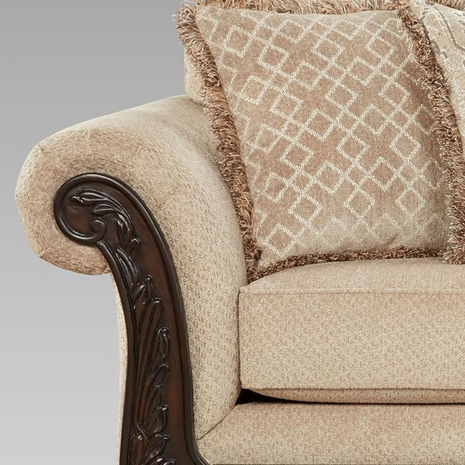 Hernen Carved Wood Frame Sofa, Beige Wheat