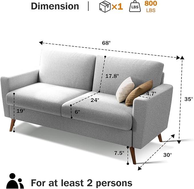 Vipbear 68" Loveseat Sofa Light Gray Fabric Couch, Mid-Century Modern Loveseat Comfy Sofa with Spring Cushion, Solid Wood Frame, Tool-Free Assembly (Light Gray, Fabric)