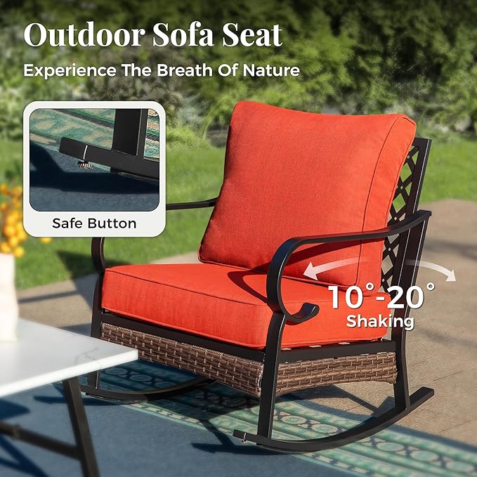 Patio Furniture Set with Coffee Table, Outdoor Conversation Set with 2 x Rocking Chairs, 1 x 2-Seat Sofa, 1 x 3-Seat Sofa for Lawn Garden Backyard, Red