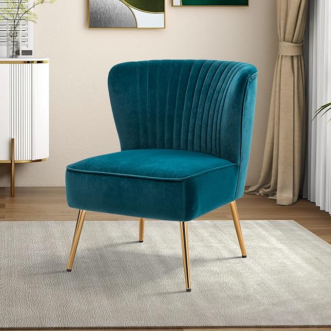 HULALA HOME Velvet Accent Chair, Modern Upholstered Cute Side Chair with Gold Metal Legs, Armless Wingback Slipper Chair Comfy Living Room Chair for Bedroom Guest Room Vanity, Blue