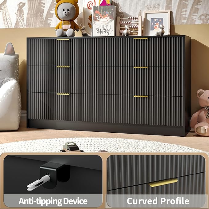 Black Dresser Set of 2, Large Dresser for Bedroom Wooden with 12 Drawers, Fluted Modern Bedroom Furniture Set, TV Stand Dressers & Chests of Drawers for Closet (15.7"D x 110.2"W x 31.8"H)