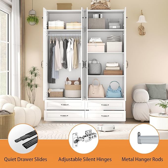 Armoire Wardrobe Closet with Drawers: 63" Large White Wood Wardrobe Closet with 4 Doors and 4 Drawers, Modern Clothes Storage Cabinet for Bedroom Armoire with Shelves (63")
