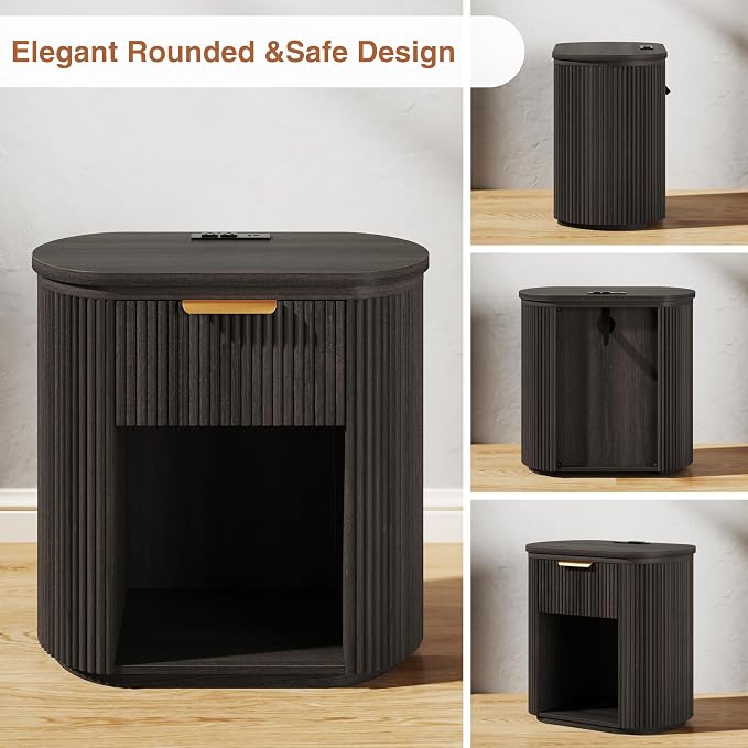 Fluted Nightstand with Charging Station, 23.6" Large Bedside Side Table with Drawer, Wood End Table with Storage, Curved Round Corner, Furniture Bedroom Sofa, Mid Century Modern, Vintage, Black - Image 7
