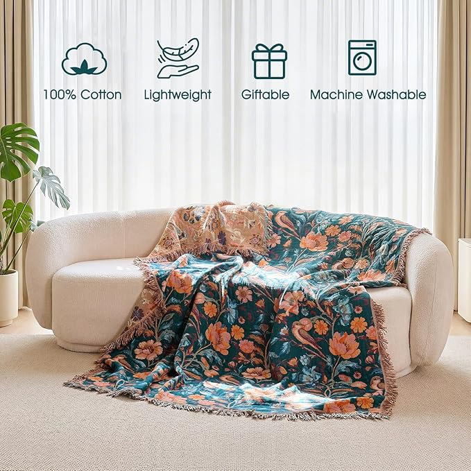 Boho Throw Blanket - 100% Cotton Ultra Soft Muslin Blanket, 50"x60" Lightweight Floral Bird Framhouse Bedding Spring Blanket for Bed, All Season Green Bohemian Bedroom Home Decor Quilt