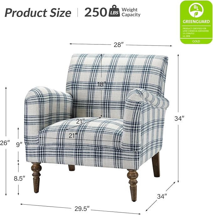 HULALA HOME Modern Accent Chair with Arms and Wooden Legs, Comfy Upholstered Armchair for Living Room, Bedroom (Plaid Pattern, Navy)