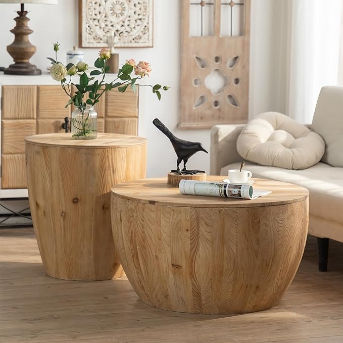 21.6" Bucket Shaped Round Coffee Table with Storage, Drum Coffee Table for Office, Dining Room and Living Room, Nature