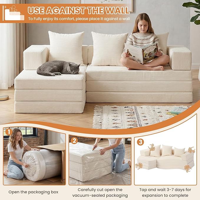 Modular Sectional Sofa, Boneless Convertible Oversized Sleeper Sofa Bed, Modern Tri-Folding Cloud Couch with L-Shape Chaise, Corduroy Futon Couches for Living Room Small Spaces Apartment,No Assembly