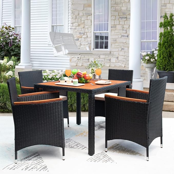 Devoko 5 PCS Furniture, Patio Conversation Set with Acacia Wood Top, Rattan Outdoor Dining Table and Chairs for Backyard, Garden, Deck, Black by DEVOKO