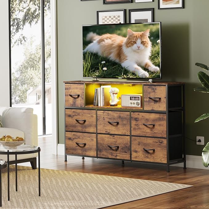 WLIVE Dresser TV Stand for 45, 50, 55 inch TV, Entertainment Center with LED Lights & Charging Station, Chest of Drawers with 8 Fabric Drawers and Open Shelves for Living Room, Hallway, Rustic Brown - Image 2