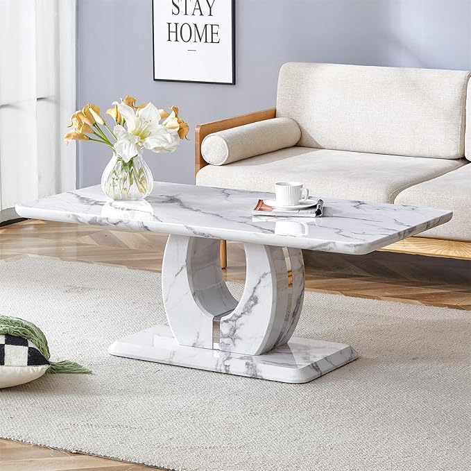 LKTART Rectangle Coffee Table for Living Room, Imitation Marble Coffee Tables with Storage, Modern Stable Base Center Tea Table for Dining Room Small Space Apartment (43.3''L×22.4''W-White)
