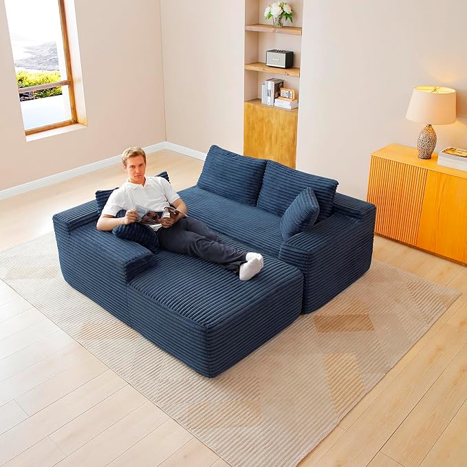 105-Inch L-Shaped Left Facing Corner Compressed Sofa Modular Sectional Boneless Cloud Sofa Floor Foam Couch with Chaise Lounge, Corduroy Corner Boneless Cloud Couch