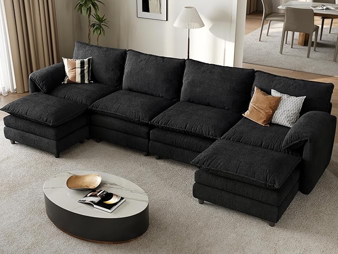 DWVO 142" Modular Sectional Sofa, Modern U Shaped Couch with Movable Ottoman, Pillow-Armrest, Velvet 6 Deep Seat Cloud Couch for Living Room, Black