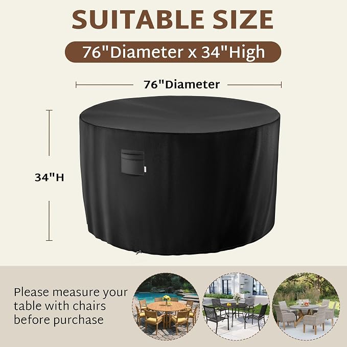 iBirdie Round Patio Furniture Cover 76 x 34 inch, 6 ft, Outdoor Waterproof and Weatherproof for Garden Table and Chairs, Heavy Duty 600D, fit 76, 74, 72 Diameter - Image 2