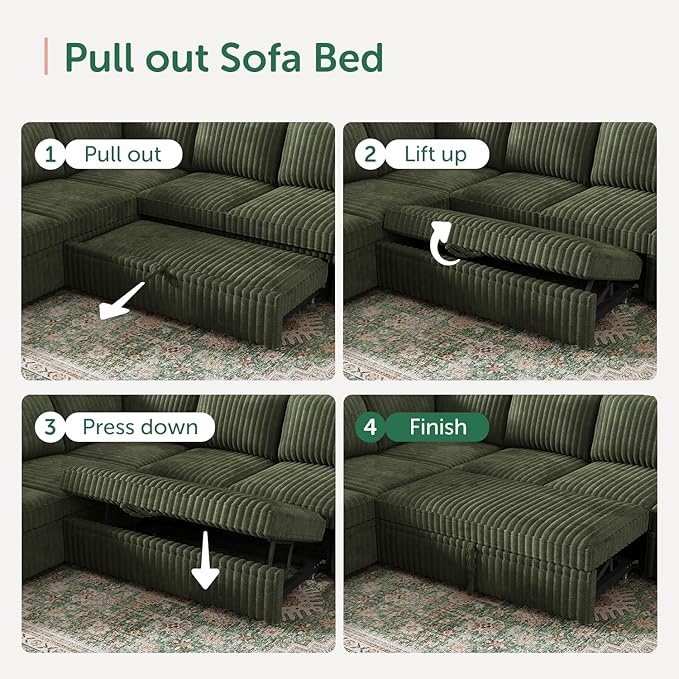 HONBAY Modular Sectional Sleeper Sofa with Pull Out Bed,Corduroy U Shaped Couch with Storage, Sectional Couches for Living Room,Green