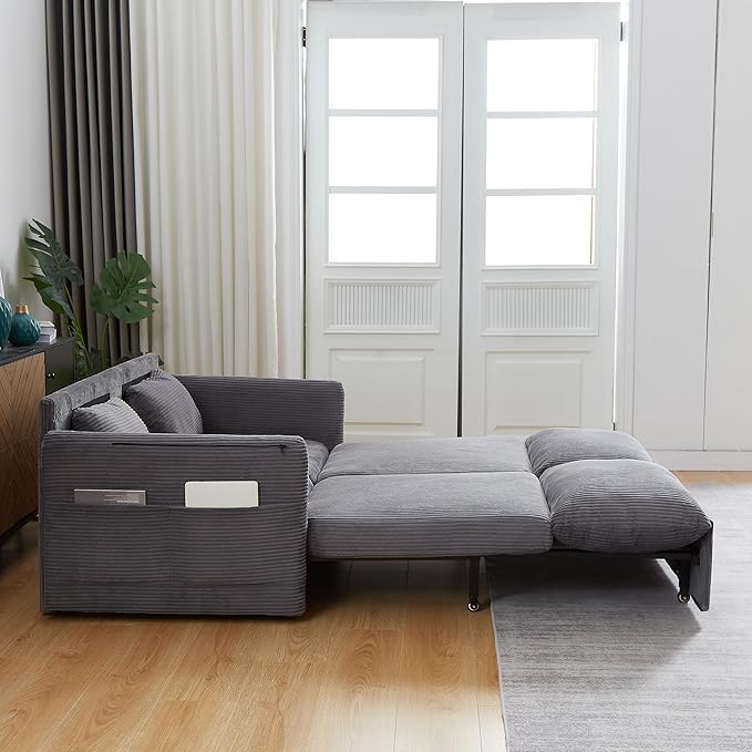 Eafurn 3 in 1 Convertible Pull Out Sleeper Sofa Couch Bed Queen Size, Corduroy Pullout Lounge Loveseat RV Sofa&Couches Sofabed with Soft Pillows Armrest,Side Pockers for Living Room Apartment
