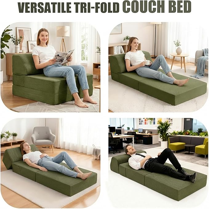 Folding Sofa Bed with Pillow, Memory Foam Fold Out Chair Bed, Convertible Sleeper Chair with Washable Cover, Futon Floor Couch for Living Room/Dorm/Guest Use/Home Office/Apartment, Green