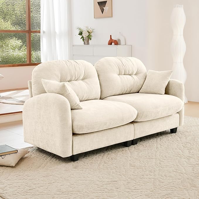 KEIKI 74" Oversized Chenille Modular Sectional Loveseat Sofa with High-Density Foam Cushions and Tufted Pleated Cushion Backrest, Upholstered 2-Seater Cloud Couch with 2 Pillow, for Living Room, Beige