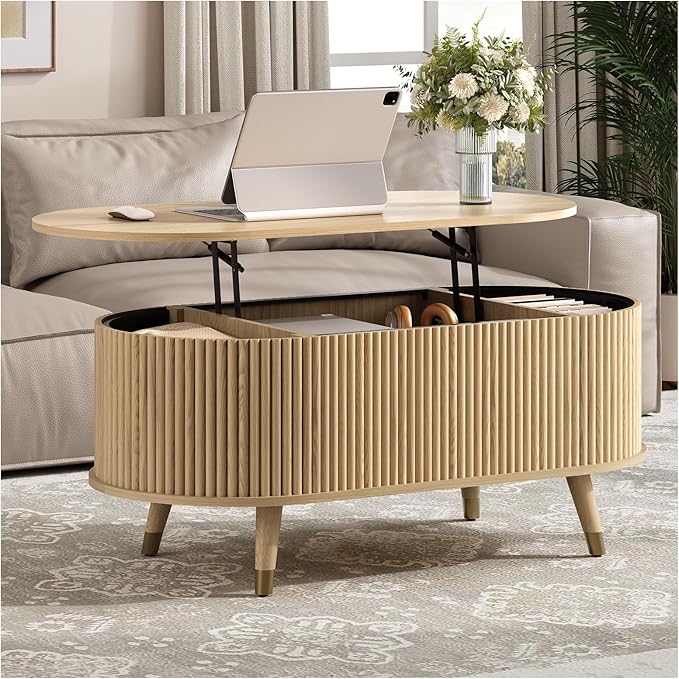 42.5" Oval Lift Top Coffee Table with Storage, Mid Century Modern Oak Center Table with Fluted Design, Solid Wood Legs & Hidden Compartment, Pop Up Cocktail Table for Living Room