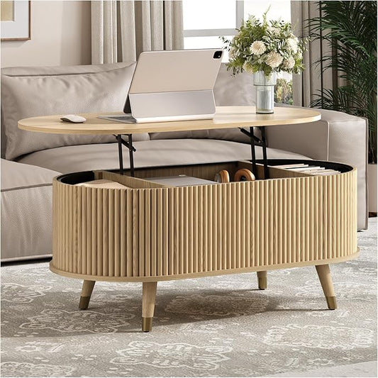 42.5" Oval Lift Top Coffee Table with Storage, Mid Century Modern Oak Center Table with Fluted Design, Solid Wood Legs & Hidden Compartment, Pop Up Cocktail Table for Living Room