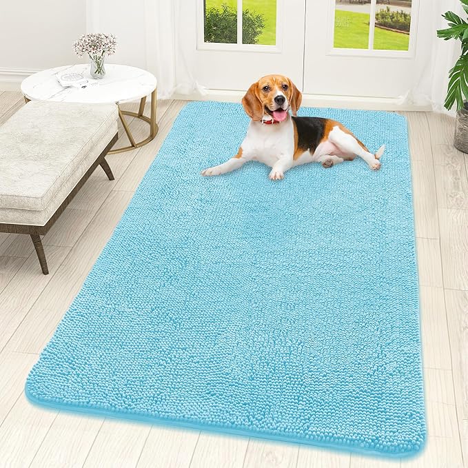 OLANLY Dog Door Mat for Muddy Paws 59x32, Absorbs Moisture and Dirt, Absorbent Non-Slip Washable Doormat, Quick Dry Chenille Mud Mat for Dogs, Entry Indoor Entryway Carpet for Inside Floor, Blue by OLANLY