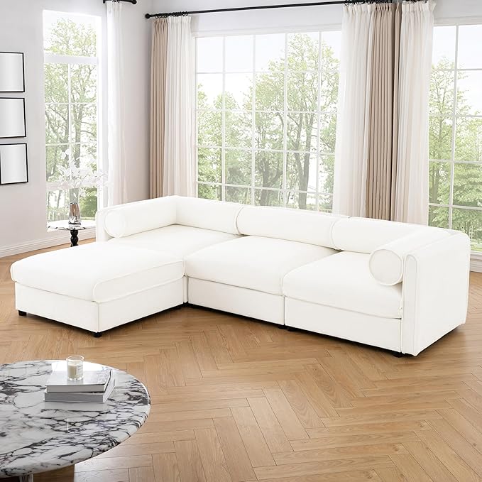 KEIKI 109" L-Shaped Modular Chenille Sectional Sofa with Storage Seat, 1 Ottoman, Modern Style 3-Seater Couch with Cylindrical Backrest and Armrests, Easy Assembly, for Apartment, Living Room, White
