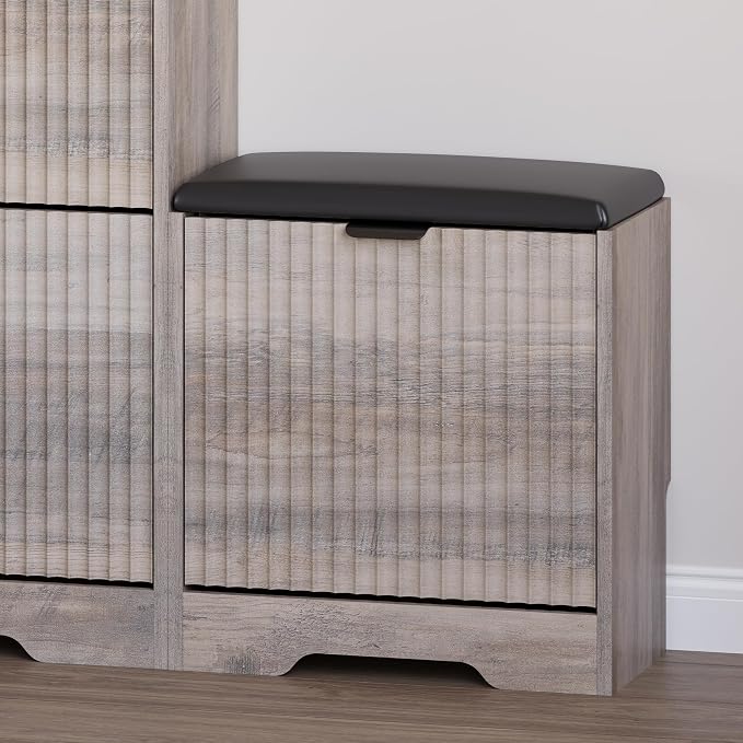 BORNOON Slim Shoe Cabinet with Bench for Entryway, Hidden Storage and Adjustable Shelves, Free Standing Wooden Shoes Organizer for Hallway, Foyer - Image 5