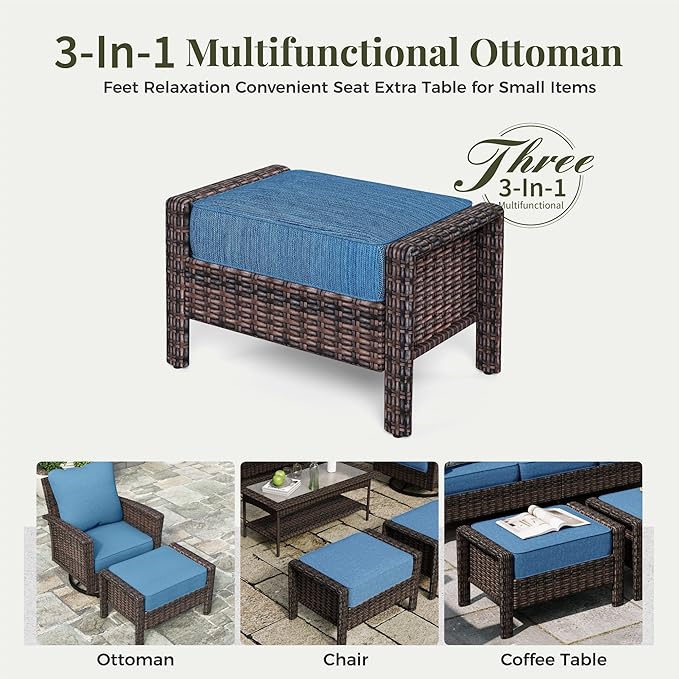 6-Piece Wicker Patio Furniture Set with Swivel Chairs, High Back Outdoor Furniture with 5.5-inch Thick Cushion and Ottoman, All-Weather Wicker Patio Conversation Set for Deck Lawn, Navy Blue