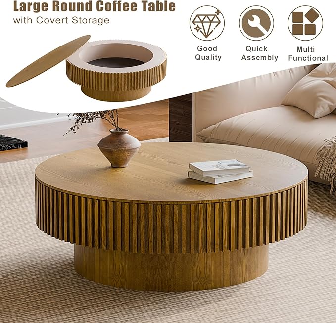 39'' Round Coffee Table with Storage, Modern Wooden Coffee Table with Solid Wood Veneered, Circle Center Table Accent Tea Table for Living Room Apartment Brown