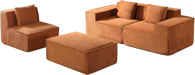Rowan Convertible Corduroy Sectional Couch with Ottoman & Pillows, Modular L Shaped Sleeper Sofa, Boneless Cloud Couch for Living Room Furniture, Red Orange