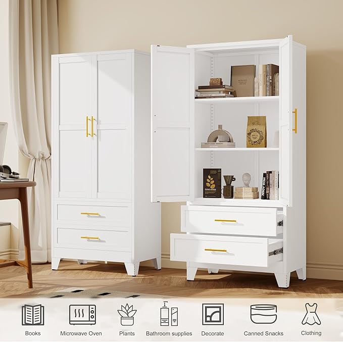 GAIOUS Steel Pantry Cabinet, 71" Metal Storage Cabinets with 2 Doors, 2 Adjustable Shelf and 2 Drawers, Freestanding Storage Cabinet for Bedroom, Kitchen, Home Office (White)