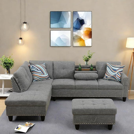 Sectional Couches for Living Room Furniture, 4 Seat L Shaped Couches with Ottoman, Modular Sectional Sofa for Apartment Furniture Sets, Grey