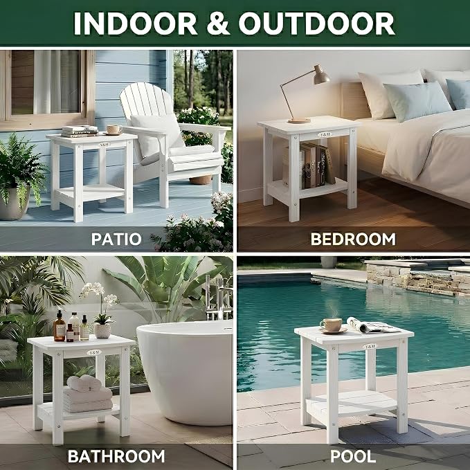 Y&M Outdoor Side Table, HIPS Adirondack Small Double Layer Table, Waterproof Square Outside Table, Balcony Modern End Tables for Patio, Pool, Beach, Porch, Deck, Indoor or Outdoor Use, White - Image 5