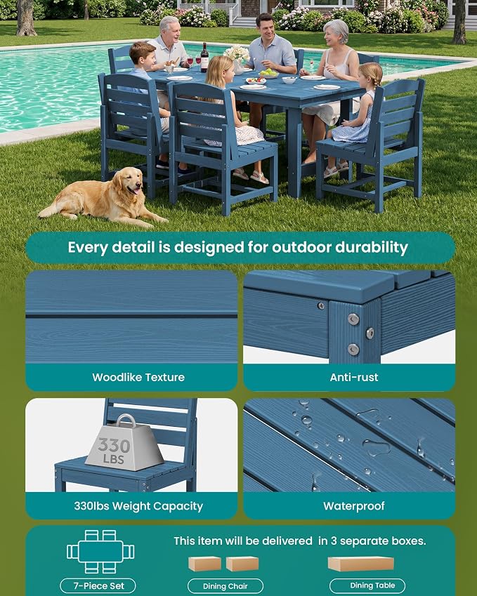 SERWALL Patio Dining Sets for 6 Person, HDPE Dining Set with 6 Armless Chairs, Blue - Image 6