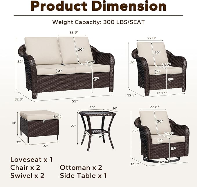 8 Piece Patio Wicker Conversation Set, All-Weather Use Outdoor Wicker Loveseat with 2 PE Rattan Ottomans,2 Chair, 2 Swivel Chair, 1 Side Table, Ideal for Porch, Backyard, Balcony, Poolside, Beige