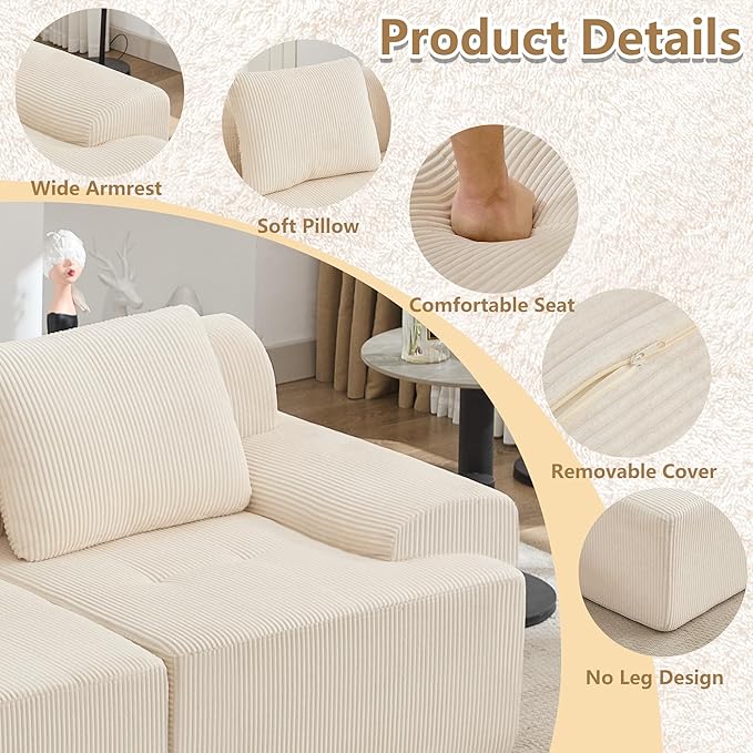 KIGOTY Modular Sectional Sofa, 3 PCS Comfy Cloud Sectional Couch with Deep Seat, L-Shaped Corner Sofas with Ottoman, Modern Boneless Couch for Living Room, No Assembly Required,White
