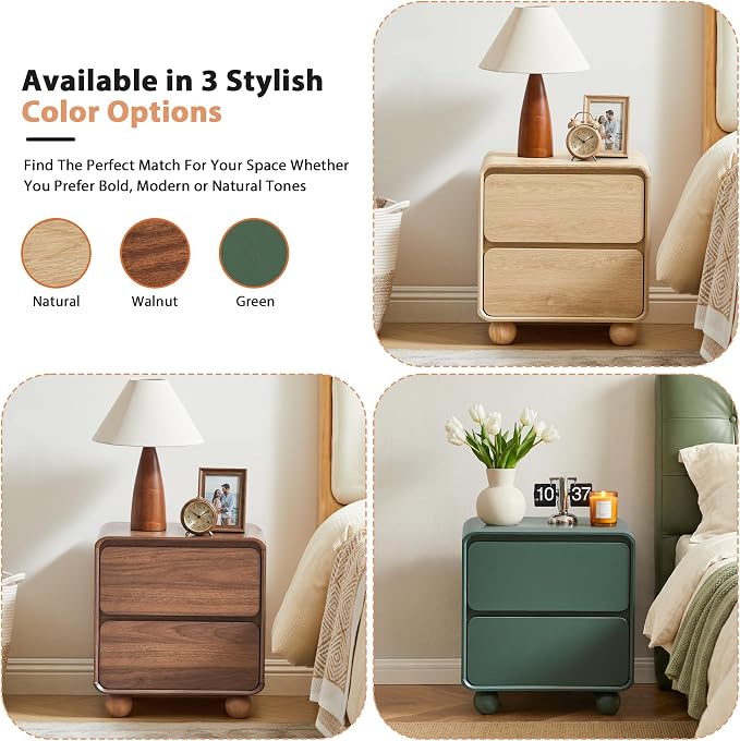 Small Night Stand Set of 2, Mid Century Modern Nightstands with 2 Drawers and Solid Wood Legs, 2 Drawer Dresser Curved Profile Design End Table Side Table for Small Space, Dorm, Bedroom(Natural) - Image 5