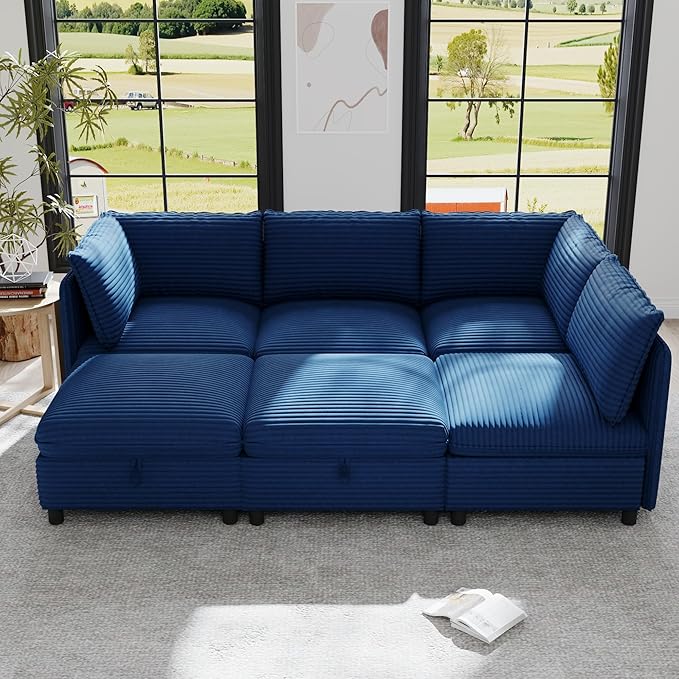 ERYE Modern Modular Storage Sectional Sofa, U/L Shaped Corduroy Modular Sofa Couch W/Movable Ottoman & Seat, 6 Seater Corduroy Upholstered Sofa Couch for Living Room